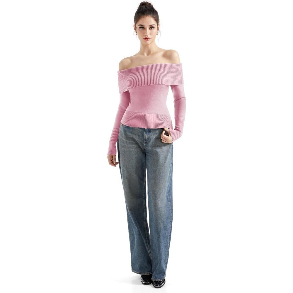 Women Pink Off Shoulder Long Sleeve Tops Blouse Sweaters - Picture 4 of 7